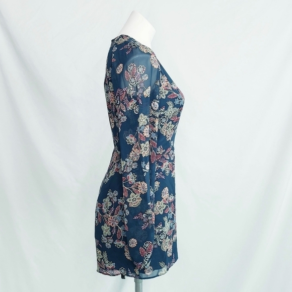 *Last Chance* Line + Dot Floral Romper w/Sheer Long Sleeves Blue Multi - Picture 4 of 12